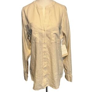 Calligraphie Women's M Linen Button Down Shirt Beige Long Sleeve Roll Tab Pocket